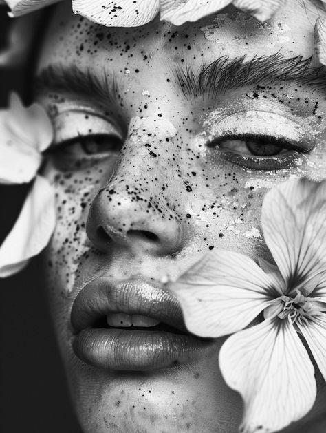 #closeup photography #portrait #flowers Flower Photography Portrait, Flower Face Photography, Unique Portrait Photography Ideas, Black And White Portrait Photography Faces, Closeup Photography Face, Female Face Black And White, Portrait Painting Ideas, Botanical Portrait, Growth Photography