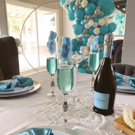 Blue Cotton Candy Champagne, Blue Cotton Candy Drink, Blue Themed Brunch, Blue Hens Party, Cotton Candy Mimosa, Light Blue Bachelorette Party, Blue Fruit Punch, Engagement Party Drink, Bridal Party Foods