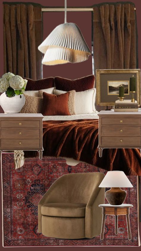 Dark vintage moody bedroom inspo Burgundy And Brown Bedroom Ideas, Burgundy Bedding Bedroom Ideas, Olive And Plum Bedroom, Dark Maroon Room, Soho House Bedroom Interior Design, Burgundy Nightstand, Moody Burgundy Bedroom, Dark Mauve Bedroom, Red Brown Bedroom