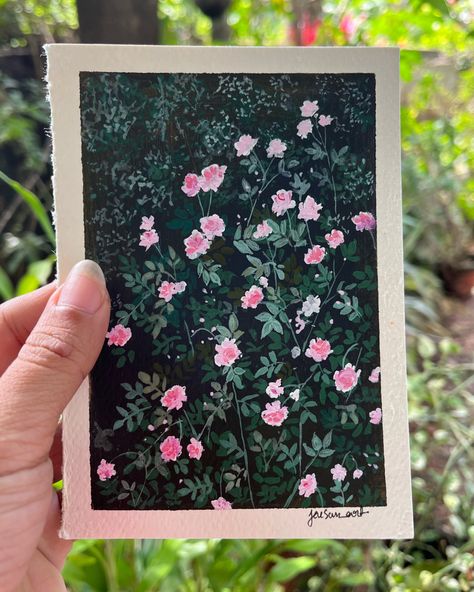 Spring Gouache Painting, Gouache Illustrations Landscape, Rose Gouache, Gouache Flowers, Coffee Art Painting, Gouache Illustrations, Gouache Art, Cute Paintings, Small Canvas Art