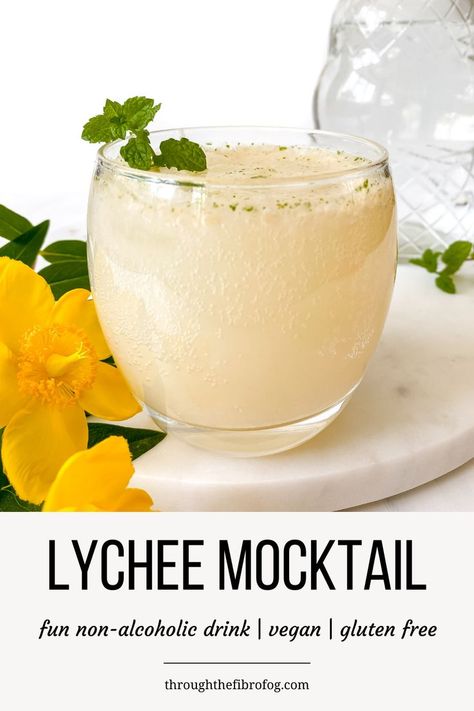 lychee mocktail in a glass next to yellow flowers with a jug in the background. Lychee Mocktail, Mint Mocktail, Fizz Mocktail, Drink For Summer, Low Histamine Foods, Fibro Fog, Low Histamine Diet, Summer Drinks Alcohol, Alcohol Free Drinks