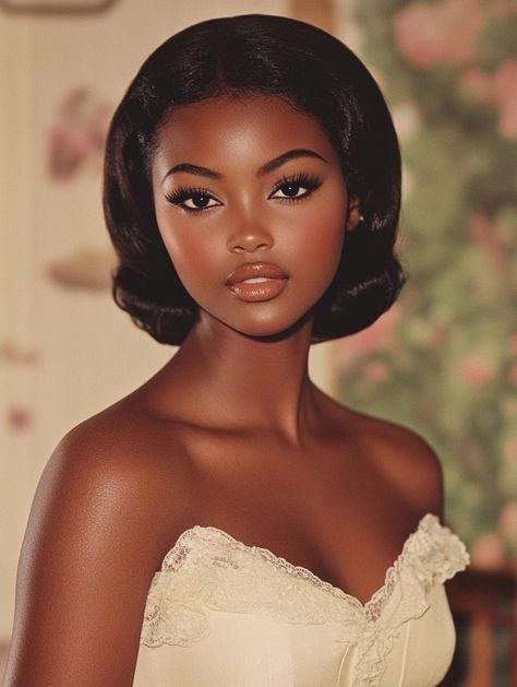 Gel Natural Hairstyles, Hairstyles In Bun, Bun Hairstyles For Women, Old Hollywood Makeup, Black Girls Hair, Bombshell Makeup, Braids For Black, Hollywood Makeup, Vintage Black Glamour