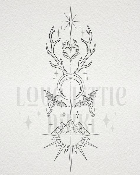 Absolutely loved doing this symmetrical piece for Andrea 🌙☀️ this piece features elements from all three Sarah J Maas series! #bookish #tattooart #sarahjmaas Maas Universe Tattoo, Sarah J Maas Books Tattoo, Sj Maas Tattoos, Sarah J Maas Art, 3 Fates Tattoo, Sarah J Maas Tattoos, Sarah J Mass Tatoos, Bookish Nails, Sjm Tattoos