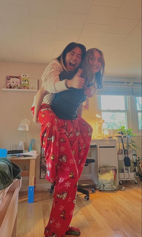 two girls pose for a photo Lesbian Matching Christmas Pajamas, Christmas Pjs Aesthetic Matching, Wlw Matching Pajamas, Xmas Pjs Matching, Lesbian Matching Pjs, Pajamas Ideas Outfit, Best Friend Matching Christmas Pjs, Matching Wlw Outfits, Wlw Christmas Aesthetic