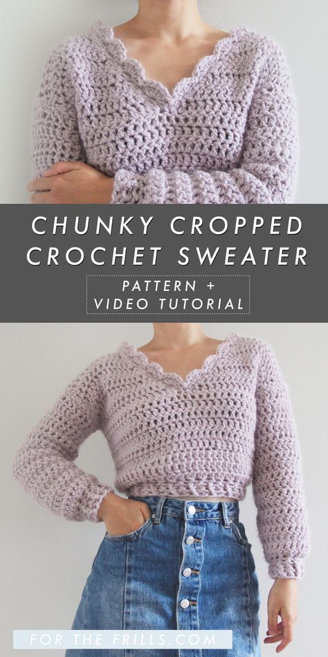 Chunky Cropped Crochet Sweater Pattern + Video Tutorial - for the frills Cropped Crochet Sweater, Modern Haken, Crochet Sweater Pattern, Waisted Skirts, شال كروشيه, Crochet Sweater Pattern Free, Modern Crochet Patterns, Mode Crochet, Crochet Diy