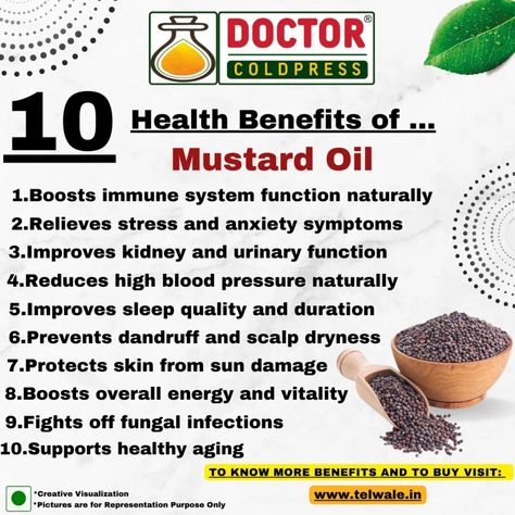 Mustard oil, extracted from mustard seeds, is a popular oil in Indian,Known for its strong flavor and aroma, it is rich in monounsaturated fats, omega-3 fatty acids, and essential vitamins. Mustard oil is highly valued for both cooking and its therapeutic benefits, particularly for skin and hair care. Health Benefits 1. Heart Health ❤️: Contains monounsaturated fats that help lower bad cholesterol and improve heart health. 2. Anti-Inflammatory 🌿: Has natural anti-inflammatory properties, ... Lower Bad Cholesterol, Monounsaturated Fats, Reducing High Blood Pressure, Bad Cholesterol, Creative Visualization, Improve Heart Health, Mustard Oil, Mustard Seeds, Boost Immune System