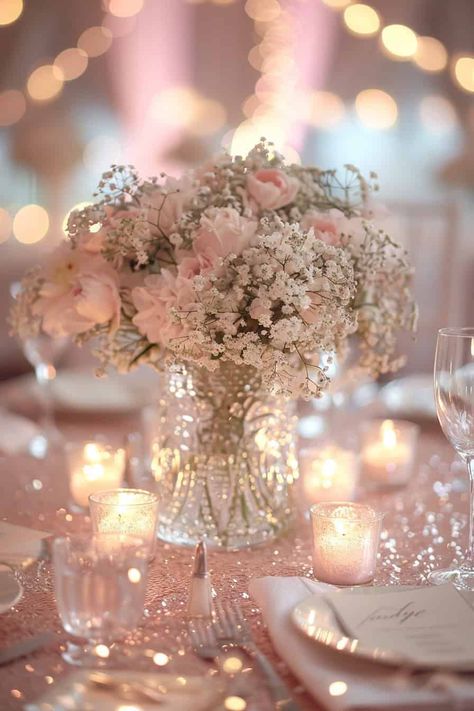 14 Enchanting Baby's Breath Centerpieces For Every Occasion • Centerpieces Quinceanera Flowers, Small Quince Centerpieces, Pastel Pink Centerpieces, Pale Pink Centerpieces, Cute Pink Centerpieces, Rose Gold Balloon Centerpieces, Pink Flower Centerpieces Quinceanera, Baby’s Breath Center Piece Simple, Blush Pink And White Centerpieces