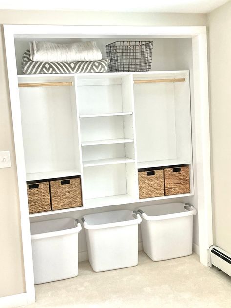 Closet Shelf Build, Quick Closet Solutions, Kids Closet Storage Toys, Closet Organization With Shoe Storage, Nursery Closet Toy Storage, Closet Storage For Nursery, Storage Closet Design Layout, Toy Storage In Closet Kid Bedrooms, Toy Storage Ideas Closet