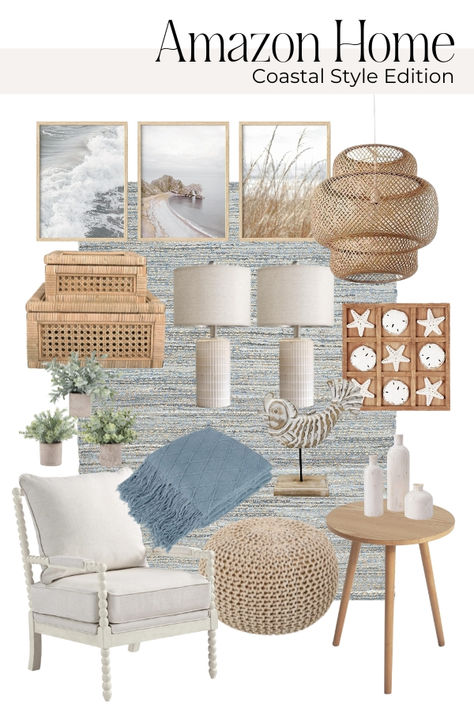 Amazon home finds, budget friendly decor featuring neutral and coastal accents and style Cool Coastal Decor, Coastal Boho Style, Calm Coastal Decor, Beach House Decor On A Budget, Coastal Zen Decor, Coastal Decor On A Budget, Coastal Style Office, Vacation Condo Decor, Upscale Coastal Decor