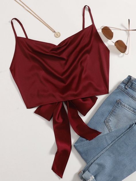 Burgundy Elegant   Polyester Plain Cami Embellished Non-Stretch Summer Women Tops, Blouses & Tee Crop Top Outfits, Crop Cami Top, Satin Crop Top, Girls Tie, Women Tank Tops, Versatile Outfits, Cropped Cami, Cami Crop Top, Satin Top