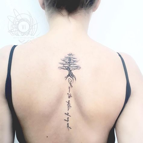 8,807 Likes, 70 Comments - Photo by (vitattoos.studio) on Instagram | #lebanon #independence #cedartattoo #inkedgirls #inked #tattoostudio #tattooart #tattoodesign #blackandgreytattoo #backtattoo #lebanesetattooartist #beirut Spine Tree Tattoos For Women, Spine Tattoos For Women Tree Of Life, Triangle Spine Tattoo, Spine Tattoos Arrow, Lebanon Tattoo, Ivy Spine Tattoos For Women, Back Tattoos, Inked Girls, Beirut