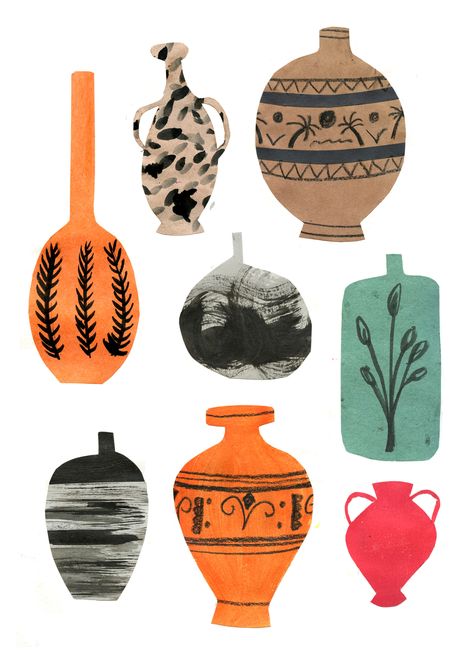 Pot Illustration Megan Dobbyn Greek Vase Painting, Greek Vase Illustration, Vase Illustration Art, Pottery Illustration Drawings, Greek Vase Drawing, Vase Art Drawing, Greek Collage, Greek Vase Tattoo, Vases Illustration