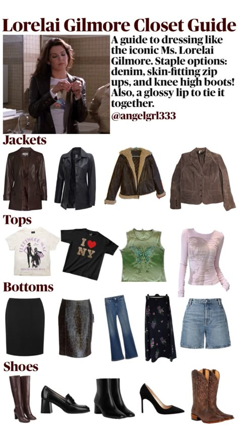 Lorelai Gilmore Closet Inspo (pls credit if reposted) #lorelaigilmore #fallcloset #fallwardrobe Lorelai Gilmore Pink Shirt, Lorelai Gilmore Jewelry, Lorelai And Rory Outfits, Lorelai Gilmore Style Aesthetic, Ally Mcbeal Outfits, Dress Like Lorelai Gilmore, Lorelai Gilmore Outfits Autumn, Gilmore Girl Outfit Ideas, Lorelai Gilmore Outfits Winter