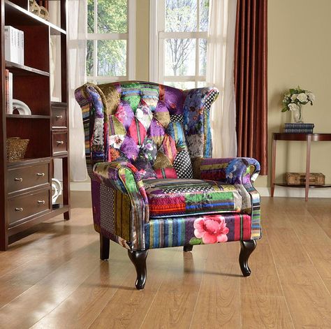 22 Gorgeous Printed Wing Back Chairs Patchwork, Chesterfield Wingback Chair, Patchwork Armchair, Velvet Wingback Chair, Patchwork Chair, Teal Accent Chair, Fireside Chairs, Chairs For Small Spaces, Leather Recliner Chair