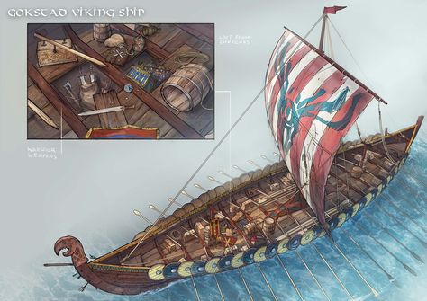 ArtStation - Gokstad Viking Ship, Gustine Salomon Fantasy Interior, Floating Objects, Viking Longboat, Viking Longship, Viking Books, Viking Village, Viking Dragon, Dungeon Master's Guide, Old Sailing Ships