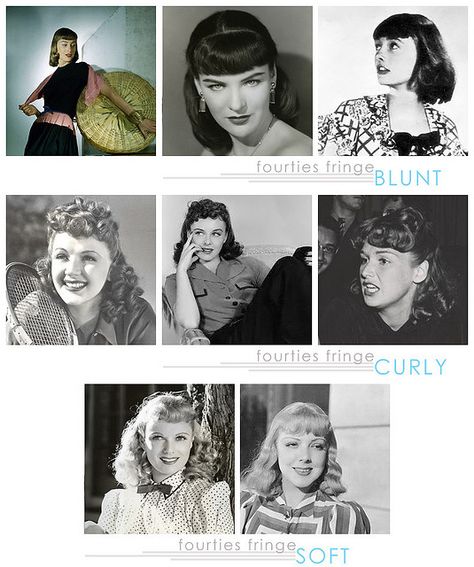 Fringes 1930s Bangs, 1940s Hair With Bangs, 1940s Bangs, 1940 Hair With Bangs, 40s Hair Setting Pattern, Rockabilly Fringe, 1940s Hairstyles Short, 40s Hair, Vintage Bangs