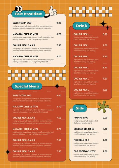 Food Menu Retro Groovy Funky Menu Design, Snack Menu Design, Menu Poster Design, Cafe Content, Menu Design Layout, Smoothie Menu, Menu Poster, Cafe Menu Design, Menu Layout