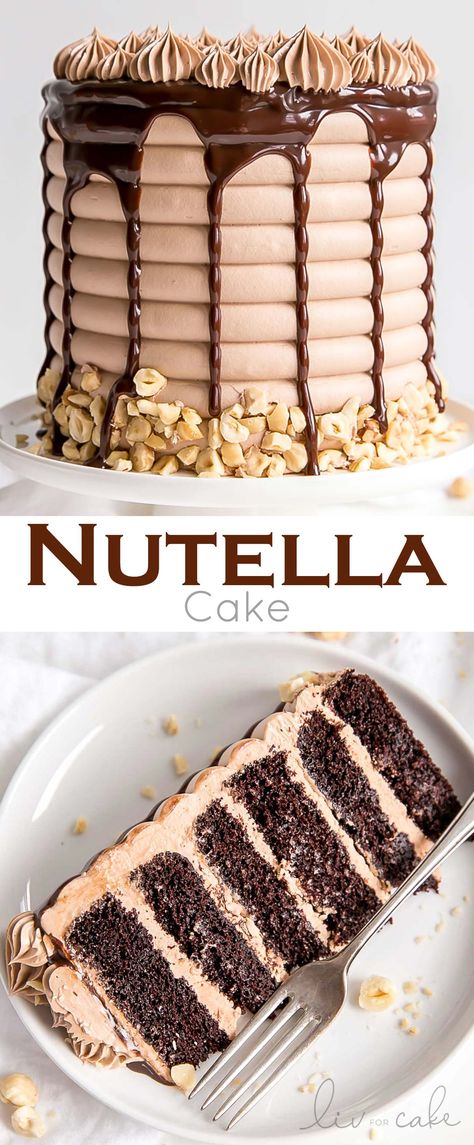 This Nutella Cake is six layers of pure decadence! Delicious chocolate cake layers, Nutella buttercream, and Nutella ganache. | livforcake.com Food Nutella, Chocolate Cake Layers, Nutella Ganache, Chocolate Decadence, Delicious Chocolate Cake, Nutella Buttercream, Dessert Oreo, Nutella Cake, Ganache Recipe