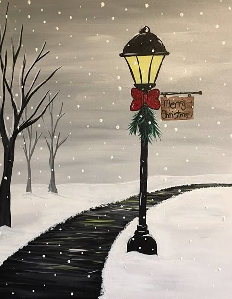 Christmas Backgrounds Drawings, Christmas Lantern Painting, Winter Lamp Post Painting, Christmas Acrylic Art Canvas Ideas, Christmas Scenery Paintings Easy, Christmas Paintings On Canvas Aesthetic, Cute Winter Paintings, Christmas Landscape Drawing, Christmas Aesthetic Painting