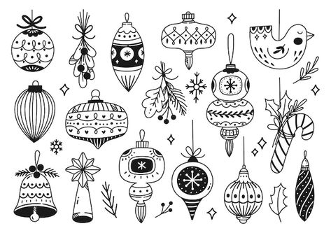 Christmas Ornament Drawing Patterns, Christmas Decor Drawing, Ornament Drawing Patterns, Freepik Premium Vector, Christmas Ornament Drawing, Jen Aranyi, New Year Doodle, New Year's Drawings, Painted Window Art