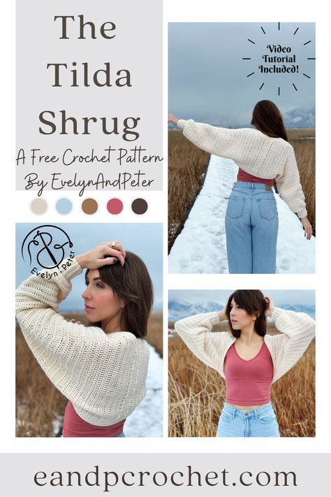 The Tilda Shrug is a FREE crochet pattern by EvelynAndPeter! It includes sizes XS-5X and a video tutorial for beginners! Find the pattern on my blog or the kit available with Lion Brand! #crochetpattern #crochetshrug #crochetsweater #crochettutorial Crochet Sweater Shrug, Crochet Wrap Around Shrug With Sleeves Pattern Free, Shrug Cardigan Crochet Pattern, Crochet Patterns Wearables, Crocheted Shrugs Free Patterns Easy, Crochet Wrap Sweater Pattern Free, Crochet Shrug Pattern Free Boleros, Fine Yarn Crochet Patterns Free, Crochet Shrug Pattern Free Easy