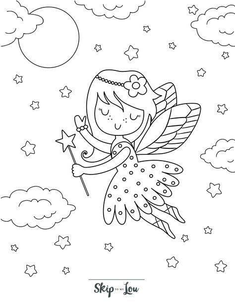 Skip to my Lou - Fairy Coloring Pages - Flying fairy in the clouds with stars Fairy Cartoon, Name Coloring Pages, Fairy Coloring Book, Snowman Coloring Pages, Skip To My Lou, Star Coloring Pages, Shark Coloring Pages, House Colouring Pages, Cartoon Coloring