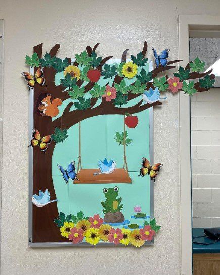 Spring Tree Bulletin Boards 3 Spring Season Decoration Ideas, Classroom Trees Ideas, Tree Bulletin Board Ideas Preschool, Nature Bulletin Boards Preschool, Garden Theme Classroom Door, Garden Theme Classroom Decorations, Tree Bulletin Boards, Copy Decoration Ideas School, Spring School Decorations