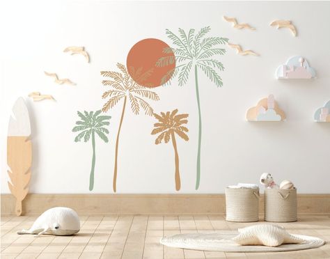 "Our decals are printed on a High Quality Matte Peel and Stick Material that has a strong adhesive that is also Removable. e465 If you do not find what you are looking for, send me a message for a custom design! :) This listing comes with 4 palm trees and sun. SIZE Tallest tree 50\" high x 24\" wide Smallest tree 30\" high x 15\" wide Sun 15\" x 15\" Everything else is in proportion.  The size and colors can be customized, just send a message with any custom requests. I can do any custom color besides just the colors on my color chart.  SHIPPING My orders ship in 2-3 days and if you need your decals sooner, send me a message for faster shipping." Wall Decal Amazon, Palm Tree Boys Room, Boho Tiki Decor, Palm Tree Bedroom, Palm Tree Nursery, Boho Beach Nursery, Tropical Baby Nursery, Palm Tree Sticker, Tree Wall Decals