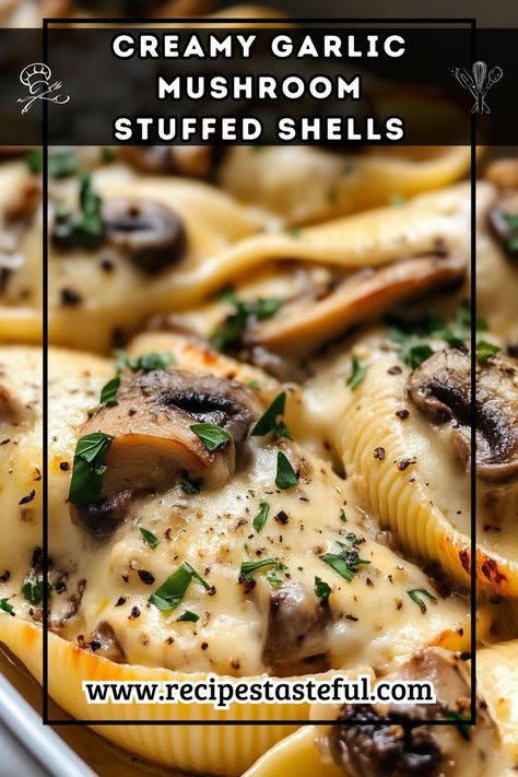 Delightful jumbo pasta shells stuffed with a creamy ricotta and mushroom filling, topped with Alfredo sauce and melted cheese. A comforting dish that's perfect for family dinners or special occasions. Stuffed Shells Cheese, Stuffed Jumbo Pasta Shells Easy Recipes, White Sauce Stuffed Shells, Ricotta Stuffed Mushrooms, Vegetable Stuffed Shells, White Stuffed Shells, Creamy Stuffed Shells, Stuffed Shells Videos, Creamy Ricotta Beef Stuffed Shells