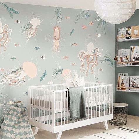 scandi ocean nursery with under the sea wallpaper mural in light steel blue and white #nurserydecor #nursery #nurseryideas #babynursery #oceannursery Ocean Baby Rooms, Hands Wallpaper, Nursery Ideas Boy, Custom Nursery Art, Kindergarten Wallpaper, Ocean Themed Nursery, Sea Nursery, Ocean Room, Baby Room Themes