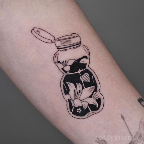 Honey Jar Tattoo Winnie The Pooh, Bear And Flowers Tattoo, Teddy Bear Holding Flowers Tattoo, Honey Bear Tattoo, Bear With Honey Tattoo, Honey Bear Bottle, Bottle Tattoo, Bear Tattoos, Bear Tattoo