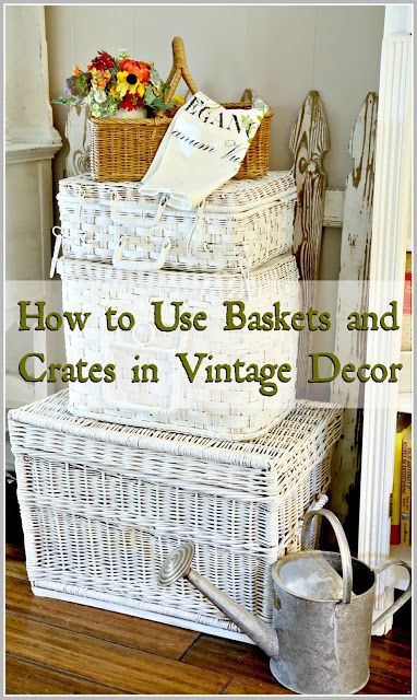 Vintage Picnic Basket Decor, Picnic Basket Decor, Kitchen Sitting Areas, Basket Decor Ideas, Decor Vignettes, Peat Pots, Vintage Picnic Basket, Old Crates, Apple Crates