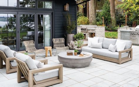 The Look: Bainbridge Island Outdoor Retreat – Mindy Gayer Design Co. Restoration Hardware Outdoor Furniture, Restoration Hardware Outdoor, Slate Patio, Concrete Coffee Table, Luxe Lounge, Backyard Living, Outdoor Sconces, Outdoor Retreat, Teak Outdoor