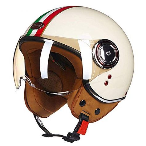 QIULAO Casco de Cara Abierta Casco de Motocicleta Casco Jet Vintage Casco piloto Vespa Cruiser Scooter Casco ECE D.O.... Vespa Helmet, Open Face Motorcycle Helmets, Motos Vintage, Retro Helmet, Scooter Helmet, Vintage Helmet, Vespa Gts, Half Helmets, Piaggio Vespa