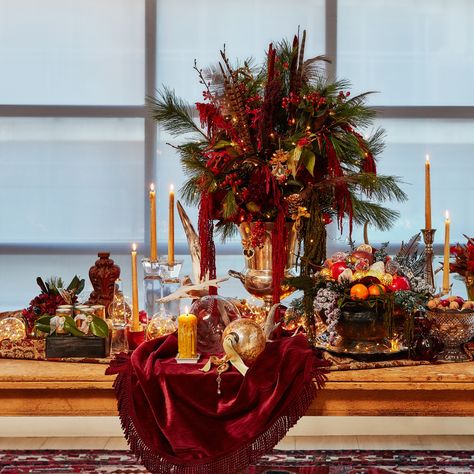 A happy holiday tablescape by Steven Sabados | tablescaping ideas, Christmas decor, homemade decor, victorian abundance tablescapes, burgundy decor, red decor, home decor, table styling, DIY decor, holiday dinner party, holiday entertaining ideas Burgundy Christmas Decor, Christmas Dinner Table Decorations, Tablescaping Ideas, Holiday Entertaining Ideas, Fancy Christmas Party, Dinner Table Decorations, Christmas Party Centerpieces, Gold Holiday Decor, Burgundy Decor