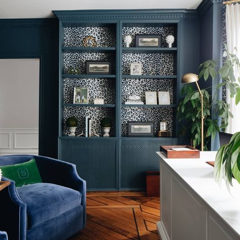 Black Built In Cabinets, Shelves With Wallpaper, Dark Shelves, Girls Bedroom Green, Blue Bookshelves, Blue Boys Bedroom, Blue Bookcase, Family Friendly Living Room, Floor To Ceiling Bookshelves