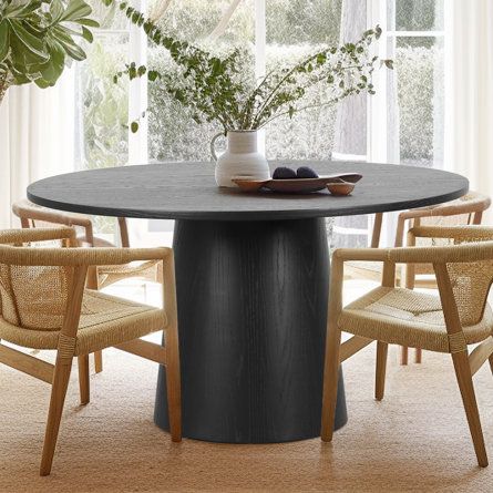 Black Round Table And Chairs, Circle Kitchen Table Black, Black Dining Table With Wood Chairs, Modern Organic Round Dining Table, Black Round Dining Table Decor Ideas, Black Dining Table Styling, Round Black Kitchen Table, Black Round Table Dining, Round Dining Table With Chairs