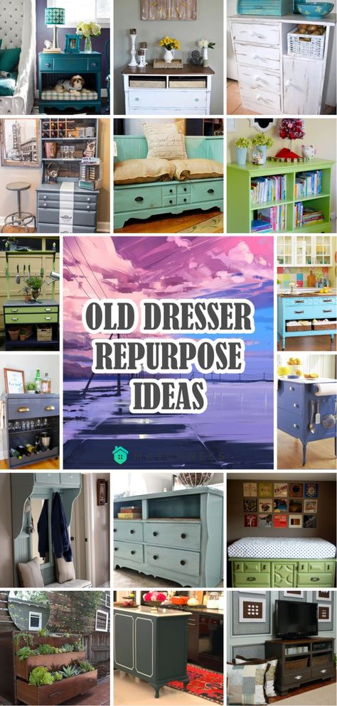 25 Old Dresser Repurpose Ideas - Matchness.com Ideas For Old Dressers Diy Projects, Diy Upcycle Dresser Ideas, Recycle Dresser Ideas, Repurpose A Dresser Diy Ideas, Repurpose Bedroom Furniture, Old Dresser Makeover Diy Ideas, Vintage Dresser Repurpose, Dresser Without Drawers Repurposed, Recycled Dresser Ideas