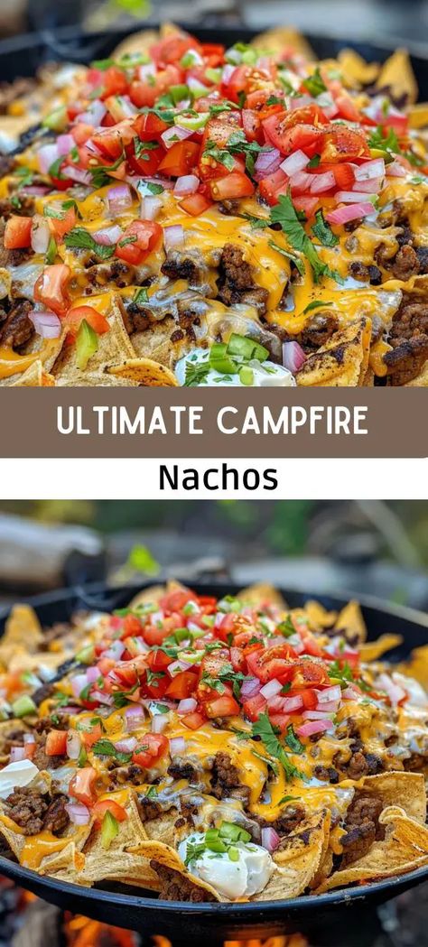 Ultimate Campfire Nachos Recipe - Outdoor Delight British Dessert Recipes, Campfire Nachos, Camping Recipes Dinner, Easy Campfire Meals, Campfire Meals, Campfire Snacks, Campfire Dinners, Bbq Party Food, Outdoor Cooking Recipes