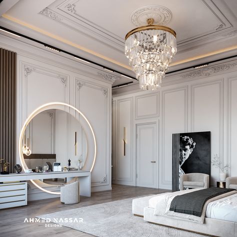 Simple neoclassical master bedroom Modern Neoclassical Bedroom, Classic Interior Design Bedroom, Neoclassical Ceiling, Neo Classical Bedroom, Classical Ceiling Design, Ceiling Colors, Neoclassical Bedroom, Bedroom Luxury Design, Cove Light