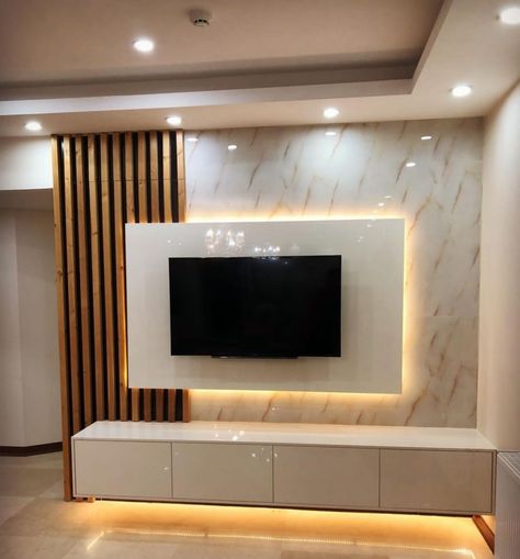 Beautiful TV unit 💞 - Ajit Furniture design Abstract Tv Unit Design, Modern Home Furniture Living Rooms, Tv Unit Design Small Wall, Simple Small Tv Unit Design, Tv Panel Wallpaper, Tv Unit With Panelling Designs, Wall Furniture Design Living Room, Simple Tv Furniture Design, Interior Tv Unit Design