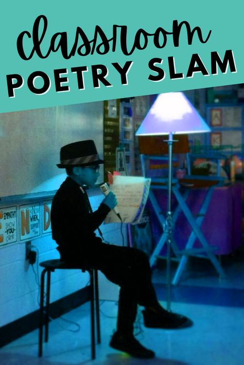 Poetry Classroom Transformation, Poetry Slam For Kids Classroom, Poetry Presentation Ideas, Poetry Cafe Classroom Ideas, Classroom Poetry Cafe, Poetry Cafe Classroom Decorations, Poetry Night Decorations, Poetry Cafe Room Transformation, Poetry Party Ideas