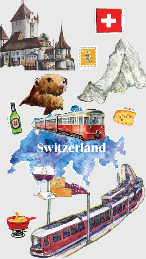 Switzerland Illustration, Sticker Design Inspiration, City Illustration, Travel Scrapbook, Travel Journal, Switzerland, Sticker Design, Digital Art, Design Inspiration