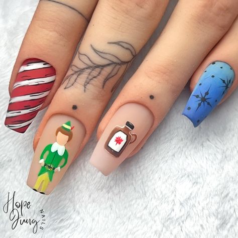 Elf Movie Nails Designs, Grinch Nails For Kids, Elf Inspired Nails, Ugly Christmas Nails Funny, Buddy The Elf Nails Designs, Christmas Movie Nail Art, Elf Movie Nails, Elf Nails Christmas, Elf On The Shelf Nails