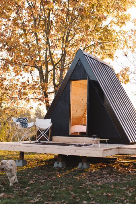 A Frame Camping Cabin, Small Camping Cabin, A Frame Glamping Cabin, Easy Diy Tiny Cabin, Micro A Frame Cabin, Mini Cabin Ideas, Tiny A Frame Cabin, Cheap Cabin, Dry Cabin