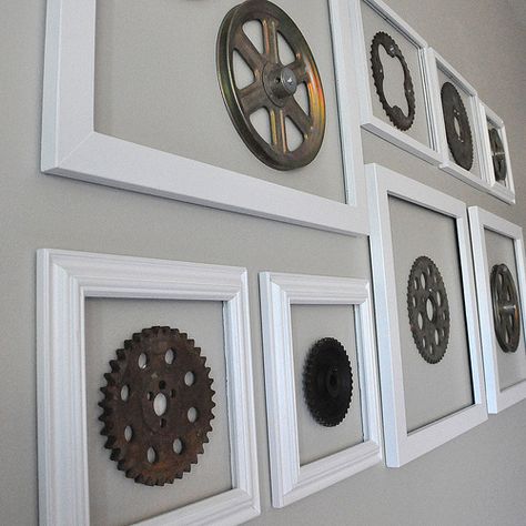 Mechanic Home Decor, Industrial Mural, Old Gears Decor Ideas, Mechanics Office, Auto Parts Store Design Automotive Decor, Mechanic Decorations, Cars Decor, Mechanic Shop Decor, Industrial Wall Art Gears