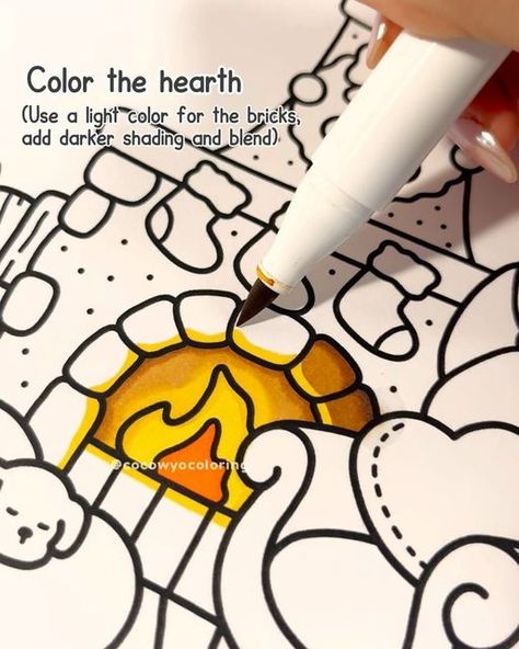 Coco Wyo | Relaxing Coloring Books on Instagram: "Fireplace season: where the warmth is cozy, and the vibes are golden. 🔥✨   Here’s one of the many ways to color fireplace in your drawing and make it shine!   This page is part of “Hygge Place” Coloring Book, available on Amazon.   Medium: Ohuhu alcohol markers   #cocowyopublishing #cocowyo #cocowyocoloringbook #coloringbookforadults #coloringbookforadult #adultcoloringbook #adultcoloring #adultcolouring #coloringbookaddict #coloringforgrownups #colouringbookforadults #coloringcomunity #coloringbookartist #coloringforfun #coloringtip #coloringtutorial" Art With Ohuhu Markers, Coloring Book Techniques, Hygge Coloring Page, Color Fireplace, Ohuhu Alcohol Markers, Marker Techniques, Coco Wyo, Ohuhu Markers, Coloring Tips