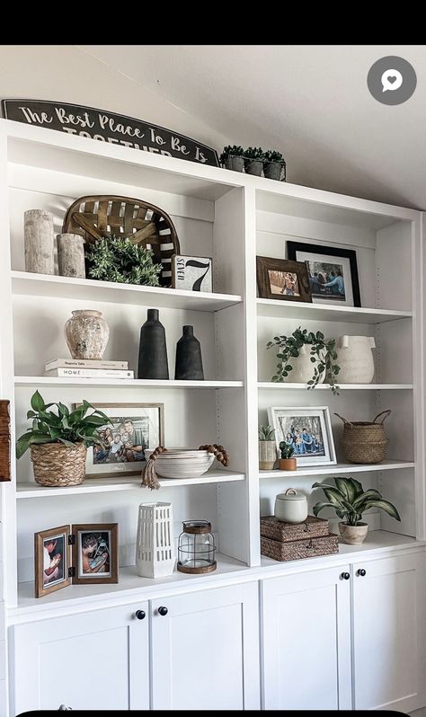 Light Academia Shelves, How To Decorate Deep Shelves Built Ins, Light Academia Shelf Decor, Rustic Glam Wall Shelves, White Distressed Floating Shelves, Built In Buffet, Open Bookshelves, Built In Cabinet, Built In Shelves