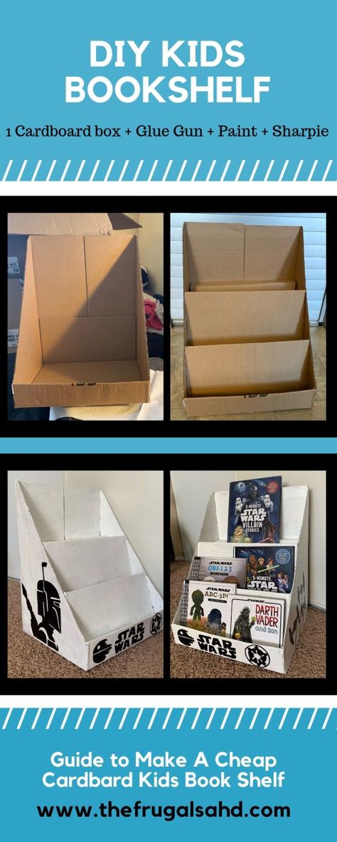 How to guide for turning a cardboard box into a kids bookshelf. The perfect way to display their books in a much cleaner and accessible way. This is great for pre-school or kindergarten classrooms… Cardboard Bookshelf, Cardboard Kids, Diy Bookshelf Kids, Bookshelf Diy, Diy Star Wars, Kids Bookshelf, Diy Star, Star Wars Diy, Dog House Diy