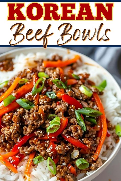 Skip takeout and try this easy Korean beef bowl. It's loaded with tender beef, crisp veggies, and a delightful sauce and comes together in 15 minutes. Vietnamese Beef Bowl, Korean Minced Beef, Meat Veggie And Rice Meals, Ground Beef Korean Rice Bowl, Asian Food With Ground Beef, High Protein Korean Beef Bowl, Korean Beef Noodle Bowl, Korean Minced Beef Recipes, Beef Bowls Recipe